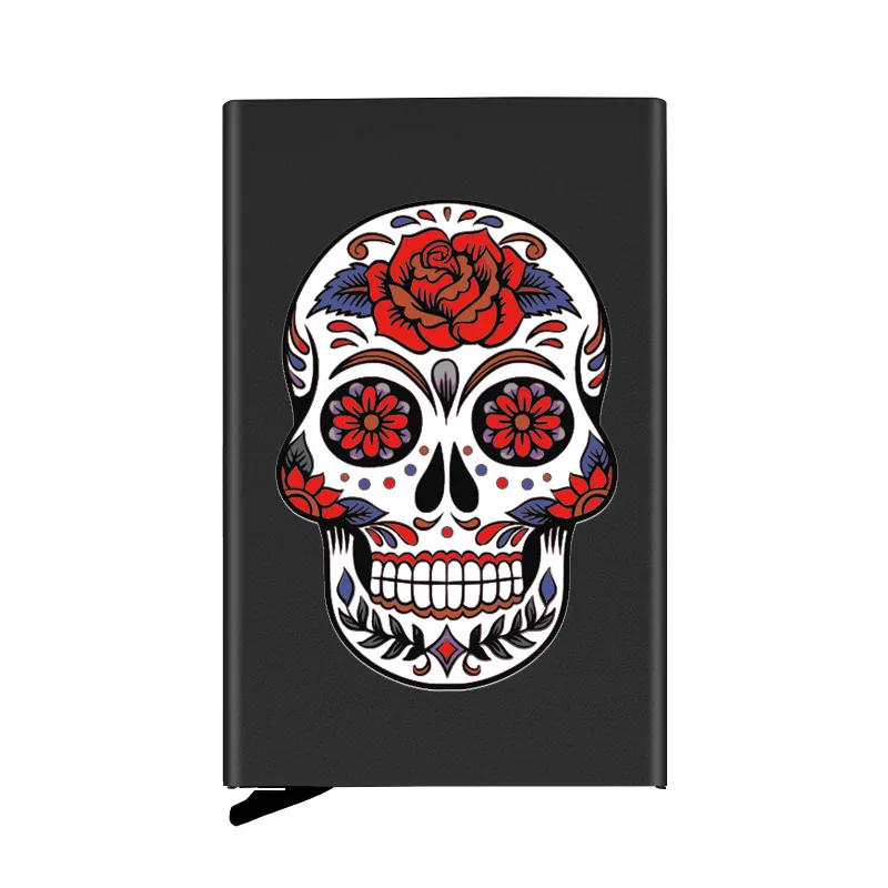 

Black Metal Case Skeleton Skull Printing Credit Card Holder Men Slim Anti Protect Travel ID Cardholder Women Rfid Wallet