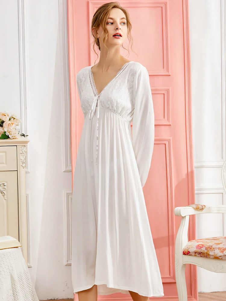 Женские ночные рубашки для сна длинное платье с длинным рукавом и отдыха белая