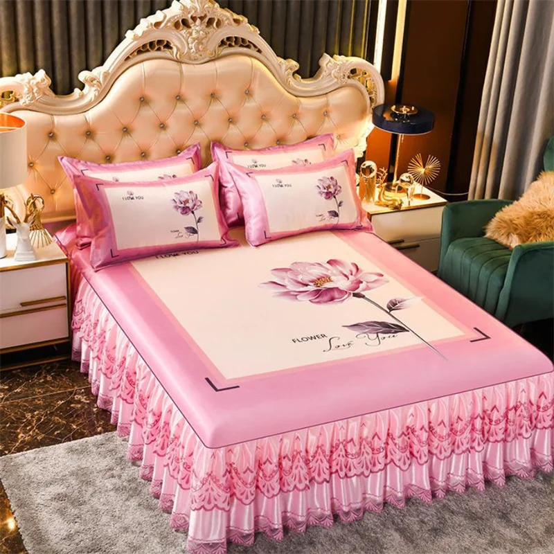 

Pink Romance Girls Room Bed Skirt Home Textile Bedding 3pcs/set(1Bed Skirt + 2pcs Pillowcase) Bed Sheet King/Quee Bed F0602