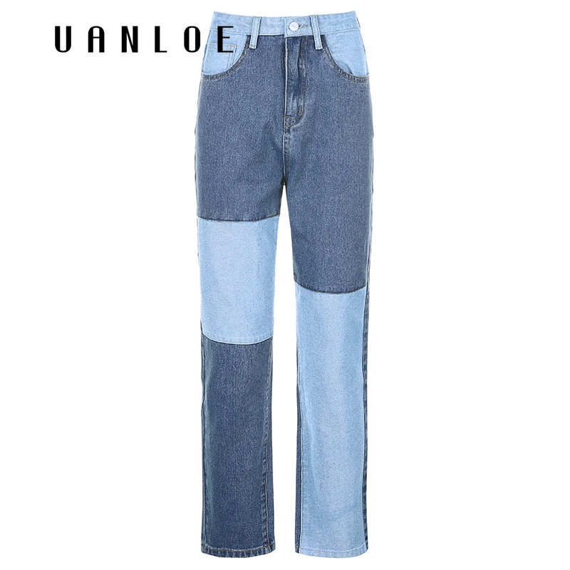 

Patchwork Fashion Cargo Jeans Women High Waist Buttons Fly Streetwear Straight Pants 90s Retro Punk Straight Denim Pants