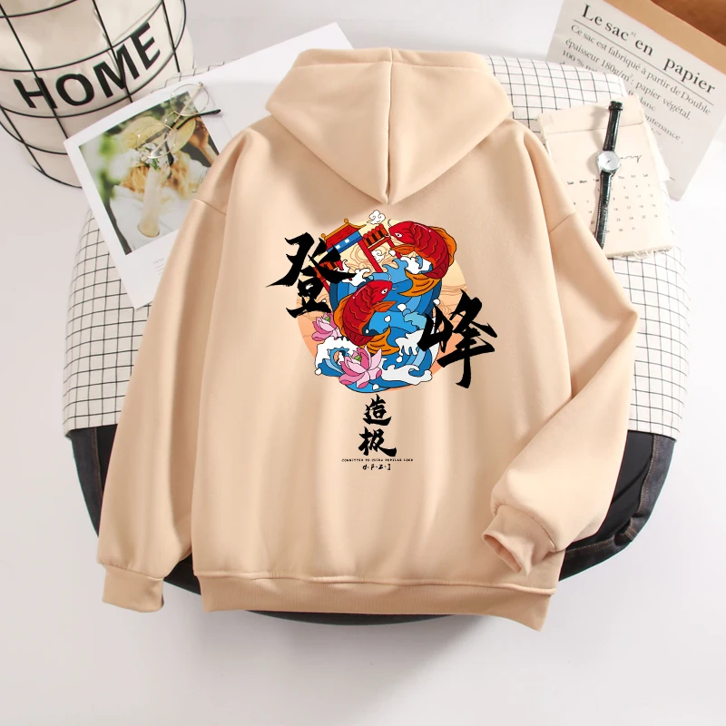 Chinese Streetwear Loose Hoodies Womens Winter Tops Velvet Fleece Drawstring Pullover Hoody Sweatshirt Unisex Sweetshirts Winter