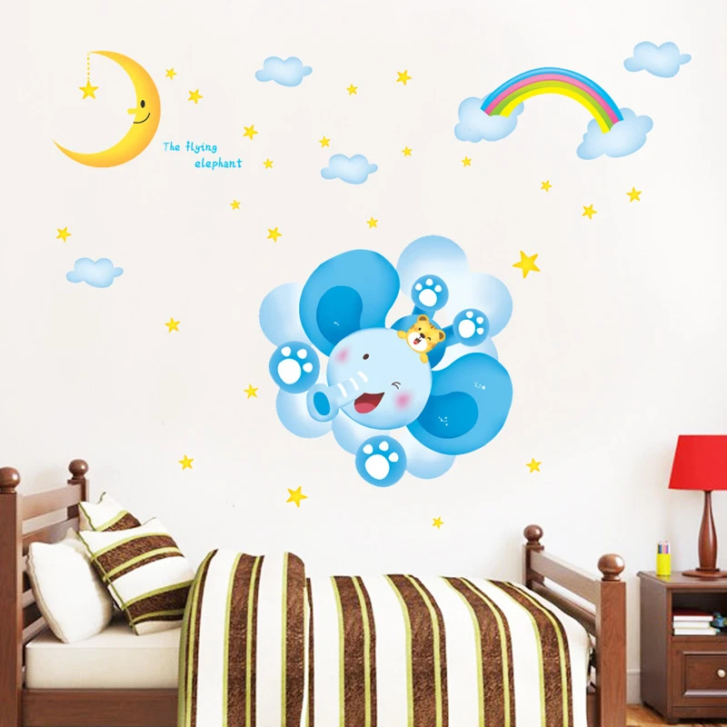 Мультфильм синий слон Радуга Луна наклейки на стену для детской комнаты