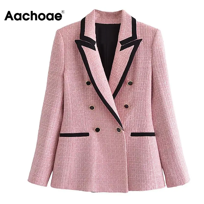

Aachoae Women Patchwork Tweed Blazer Suits Vintage Notched Collar Double Breasted Jacket Coats Fashion Female