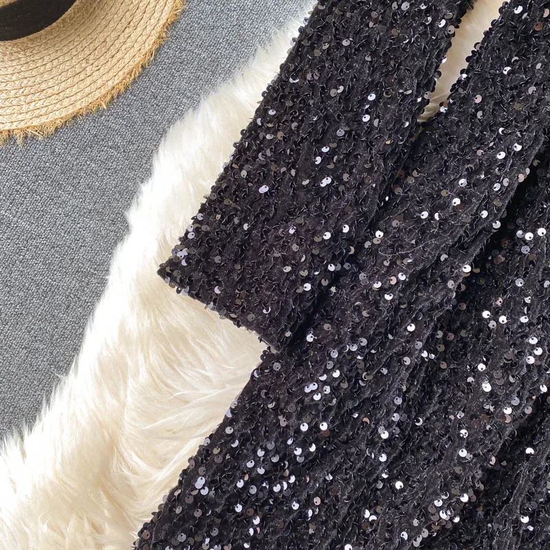 

Autumn Black Sequin Mini Dress Women Round Neck Long Sleeve Chain Loose Club Party Vestidos Female 2021 New Fashion