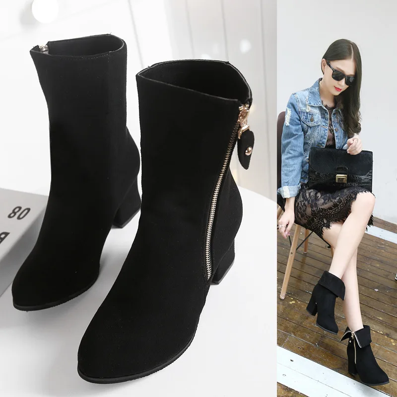 

Women Boots Flock Mid Calf Boots Zipper Pointed Toe High Heel Winter Female Shoes Size 35-41 Solid Botas Mujer fgb890