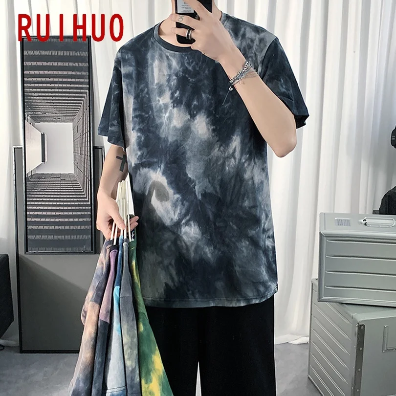 RUIHUO 2022 New Tie-Dye Short Sleeve T Shirt Men tshirt Male Summer Cotton Tee Casual Tops Fashion M-5XL Funny Clothing | Мужская одежда