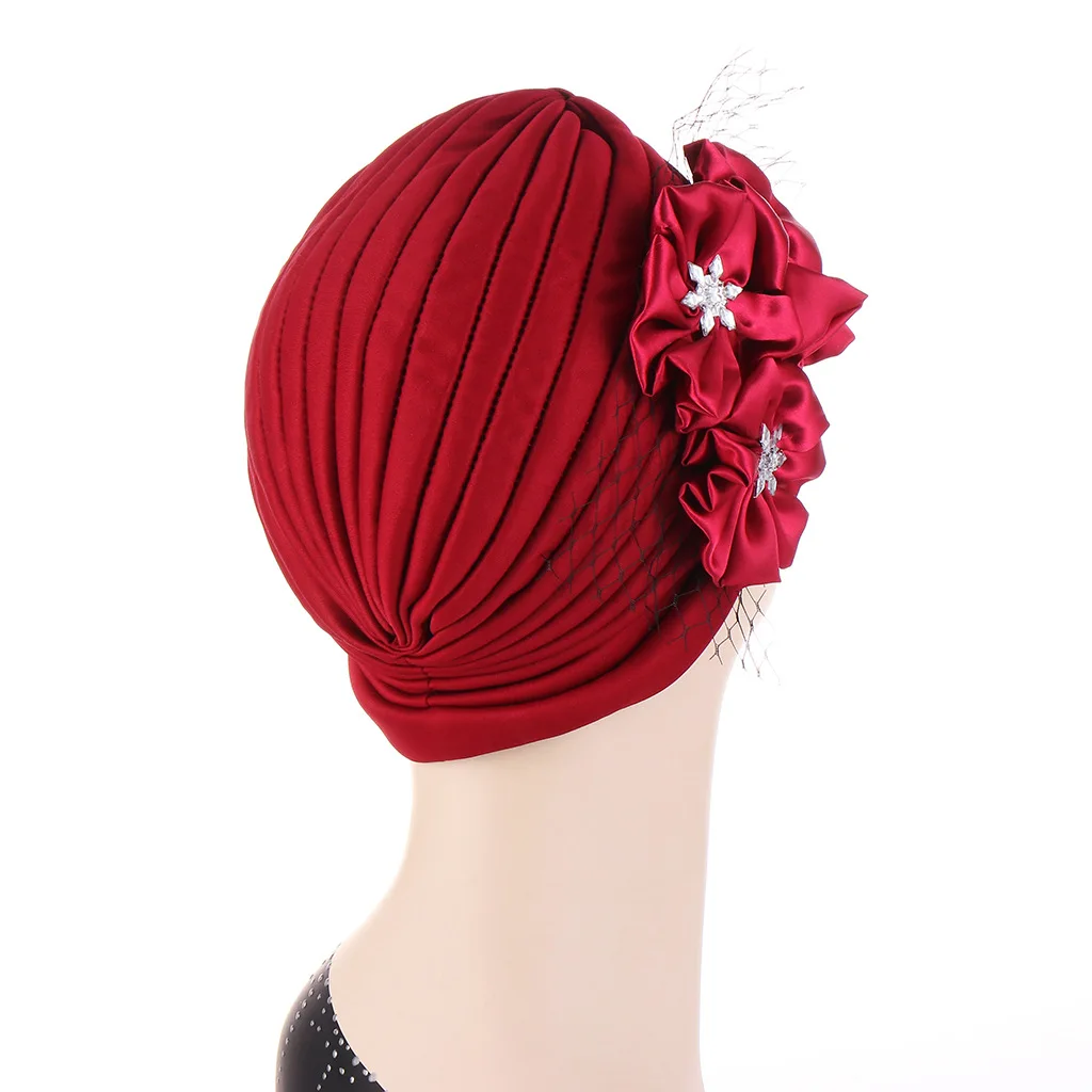 

New Fashion Decoration Headdress Hat India Hat Pasted Mesh Three Flower Muslim Chemotherapy Cap Women Hair Accessories
