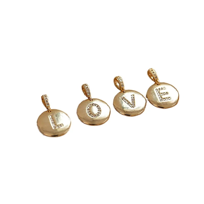 

15mm Copper plated gold micro inlaid zircon 26 letter gold coin round Tag Pendant DIY jewelry earrings accessories material 2pcs