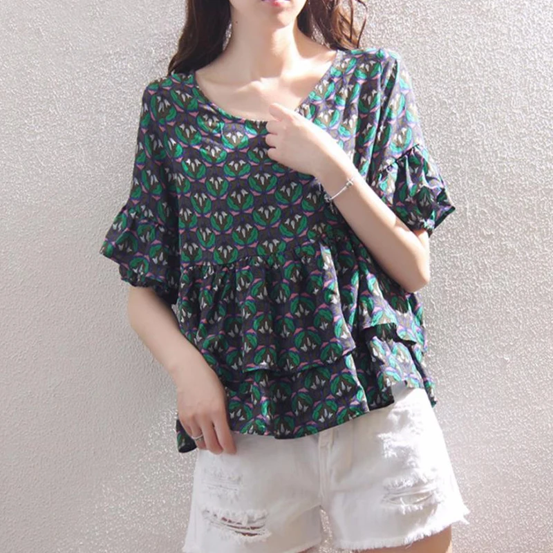 

Блузка Женская весенне-летняя, с коротким рукавом, принтом и оборками