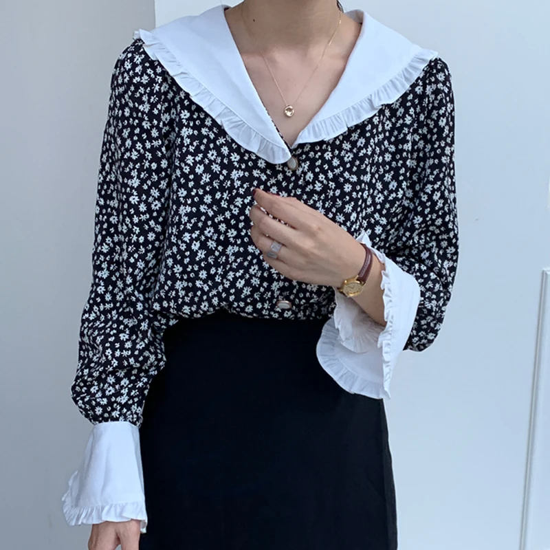 Женская винтажная рубашка с расклешенным рукавом однобортная Элегантная блузка