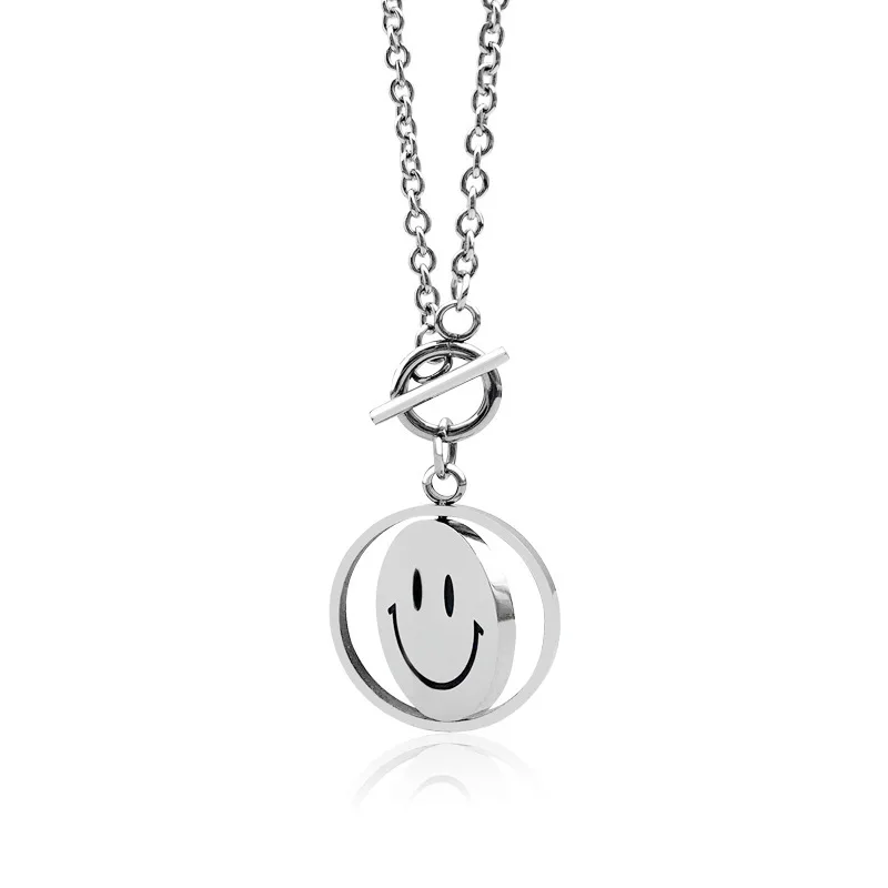 

Fashion Simple Men And Women Rotating Smiley Stainless Steel Face Necklace Double-Sided Expression Pendant