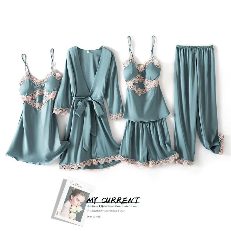 

Новинка, 5 шт., женские пижамные комплекты, атласные пижамы, комплекты одежды для сна, элегантные, сексуальные, кружевные, модные, весенне-осе...