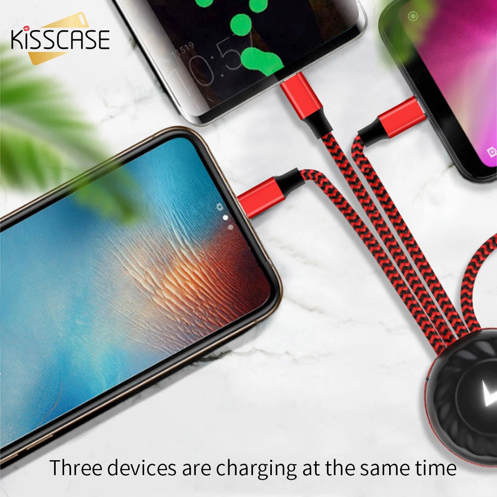 KISSCASE 3 в 1 брелок нейлоновый USB кабель Micro usb type C светильник ing зарядный для iPhone samsung