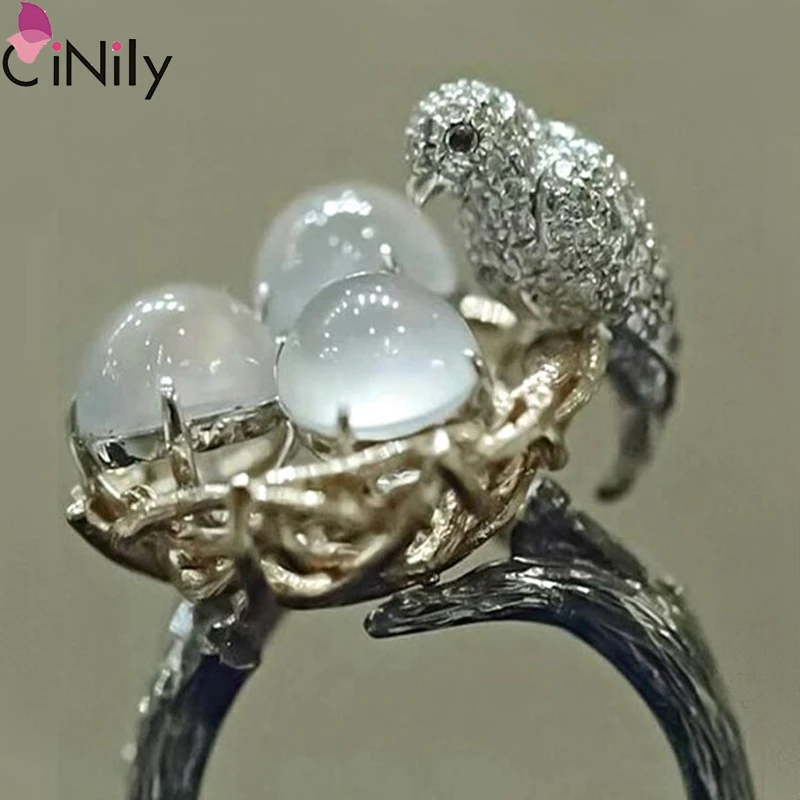 CiNily Vintage Bird Nest Moonstone Bird Egg Zircon Silver Unisex Popular Jewelry Ring 6-10 NJ441