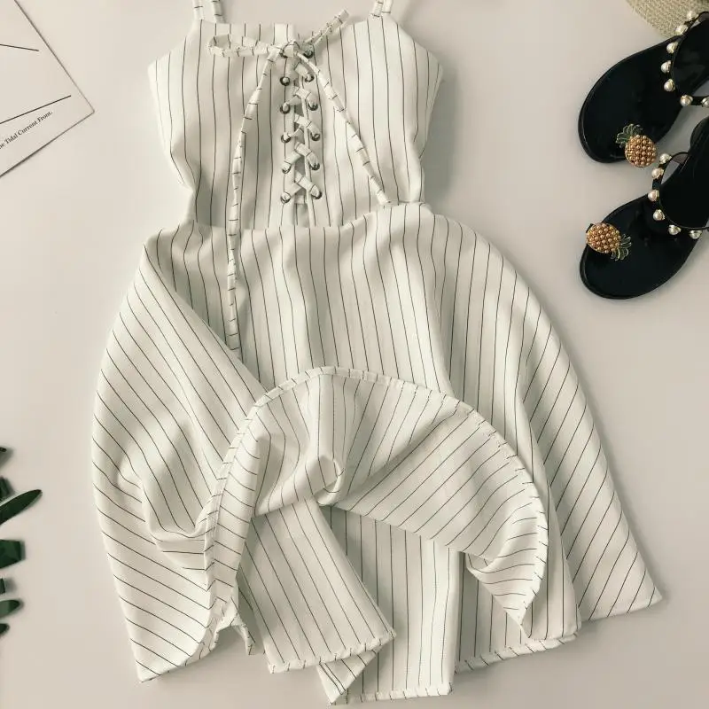 

Women New Classic Striped Sling Dress Lacing Up High Waist Slim Fit Ladies A-line Vintage Summer Spaghetti Mini Party Vestidos