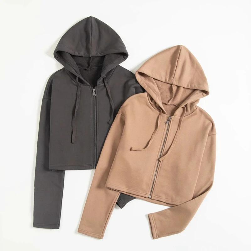 

Autumn Harajuku Open Zipper Long Sleeve Hoodies Cropped Hooded Sweatshirt Women High Waist Hoodies Casual Hoodie