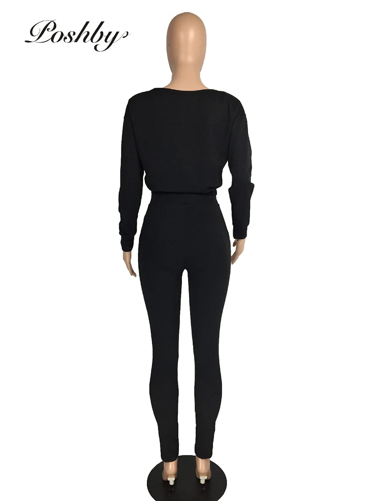 

Poshby Women Casual Outfits 2021 Fashion Ladies Clothes Long Sleeve Solid Pleated V-neck Off Shoulder Sports Two Piece Home Wear