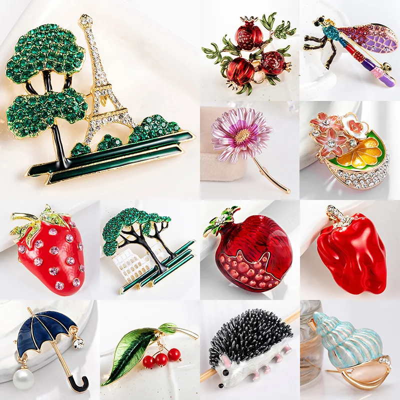 

Fashion Red Pomegranate Brooch Autumn Fruit Green Leaf Cherry Pin Enamel Brooches For Women Coat Accessories Gift New Design