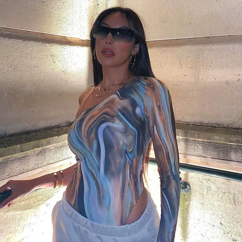

New spring fashion printed one-shoulder slim long-sleeved bodysuit