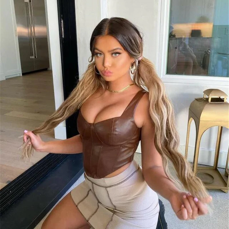 Женский пикантный топ из искусственной кожи эластичная майка с запахом уличная