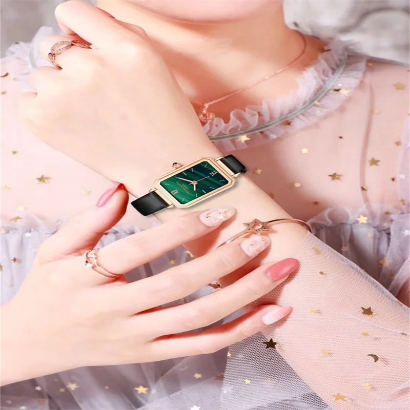 Fashion waterproof female watch simple temperament ins wind malachite texture dial square small green watch enlarge