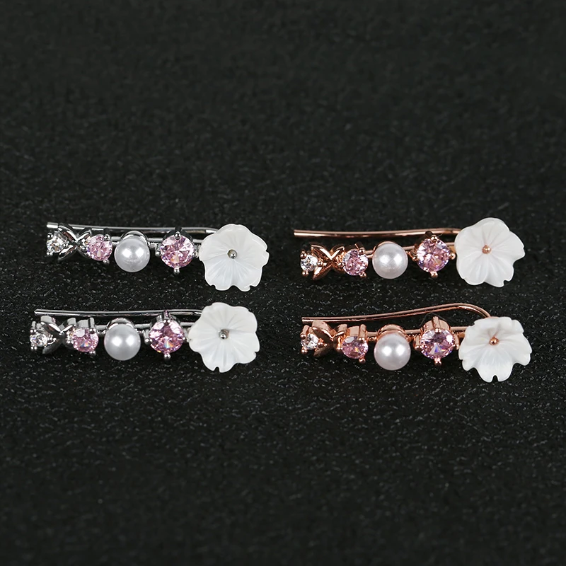 Cute Flower Stud Earrings For Women Crystal Pearl Shell Rose Gold Cuff Trendy Wedding Earring Female Romantic Pierce Ear Jewelry