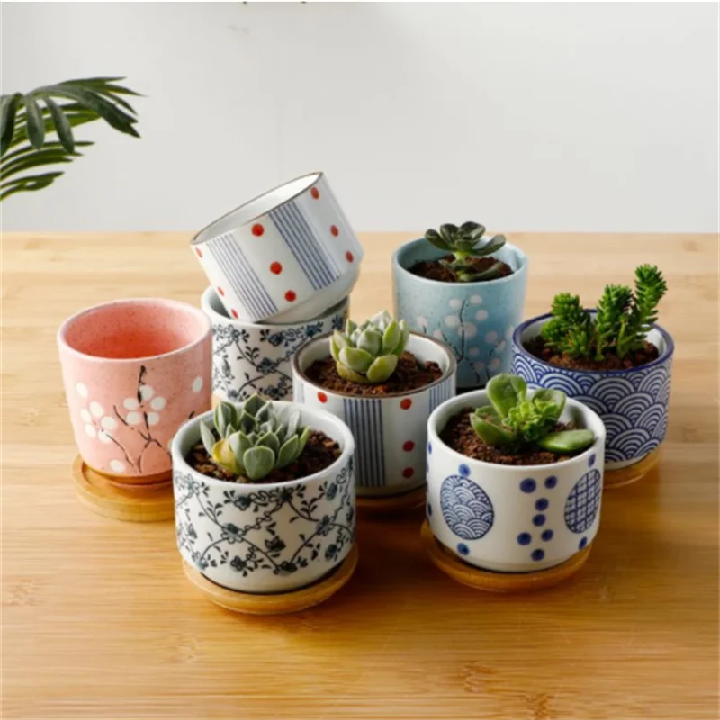 

Flower Pot With Bamboo Tray Japanese Style Ceramic Pot Mini Cement Succulent Pot Plant Bonsai Creativity Home Plant Garden Decor