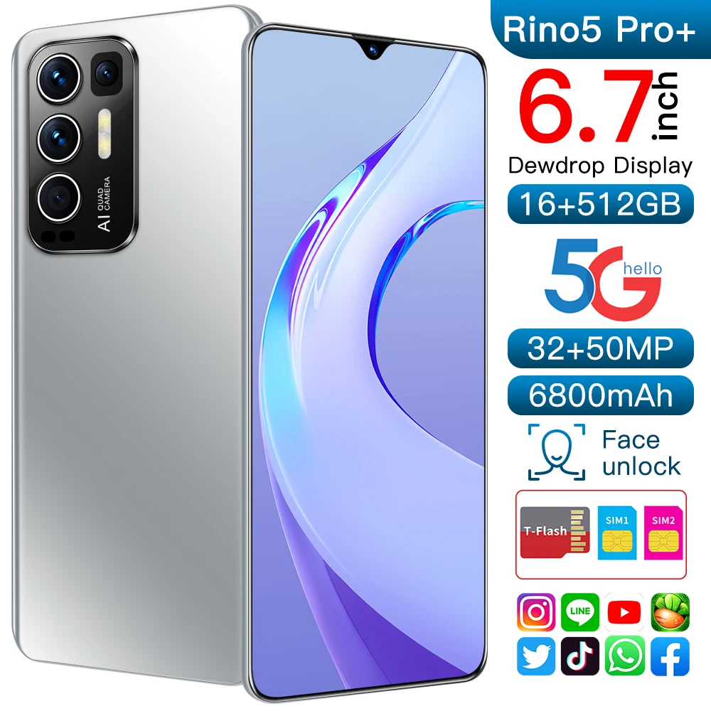 Новые смартфоны Rino5 Pro + 6800 мАч 16 512 ГБ 6 7 дюйма мобильные телефоны 32 Мп 50 МП HD камера