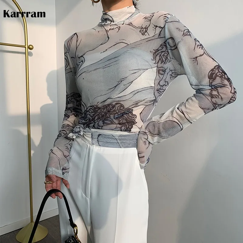 

Karrram Turtleneck Mesh Blouse Women Renaissance Print Long Sleeve See Through Top Ladies Sheer Designer Top Clothing Autumn