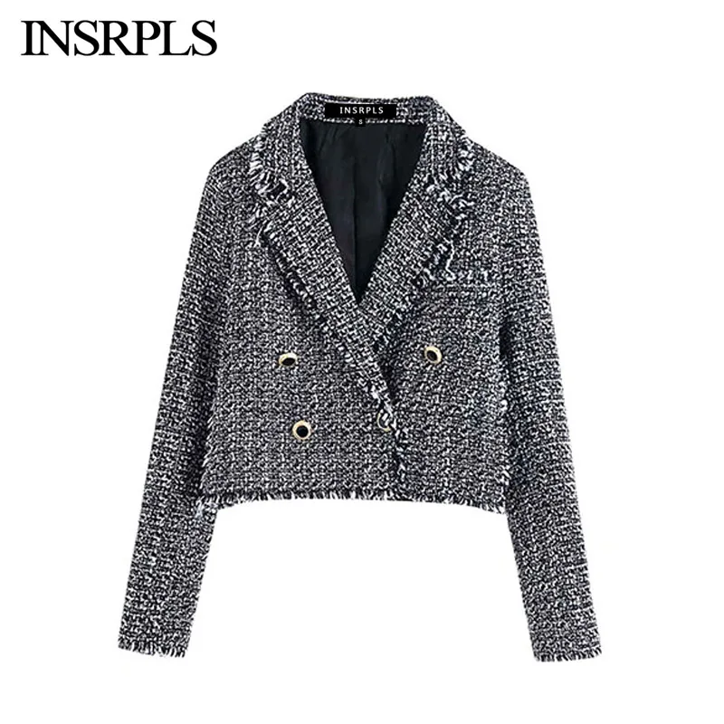 INSRPLS Женский винтажный стильный двубортный твидовый клетчатый короткий Блейзер