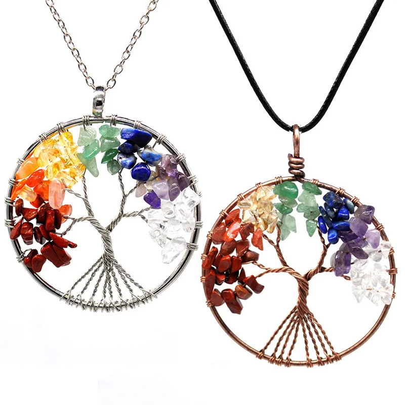 

7 Chakra Stones Crystal necklaces Pendants Natural Stone Tree of Life Pendulum Pendant Necklace for Women Healing Reiki Jewelry