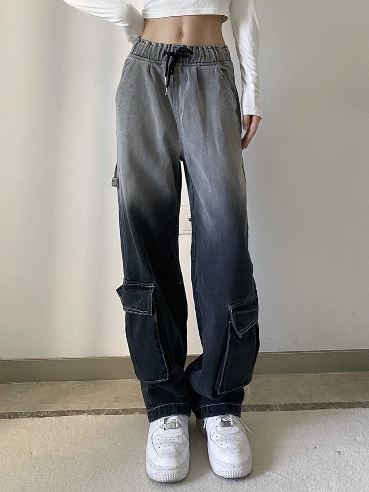 

2022 Autumn Fashion Tie Dye Women‘S Jeans Elastic High Waist Big Pocket Patchwork Straight Denim Pants Y2k Ladies Cargo Pants