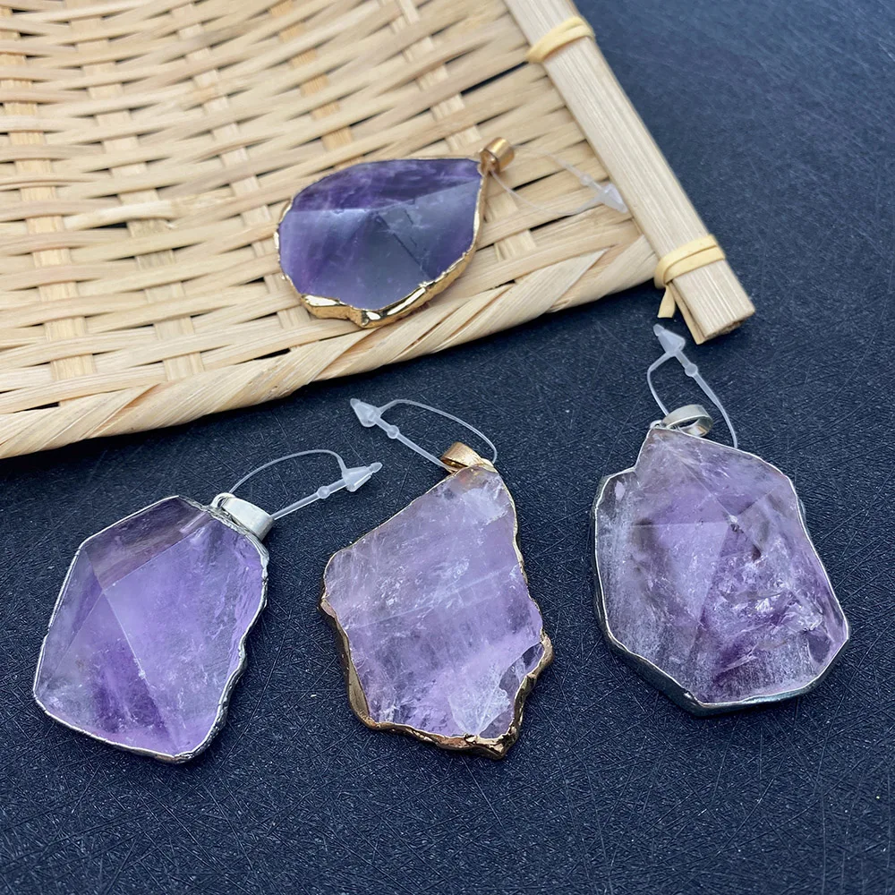 

1 Natural Stone Irregular Shape Amethyst Pendant Metal Edged Quartz Pendulum Stone Tassel Purple Ladies Party Necklace Making