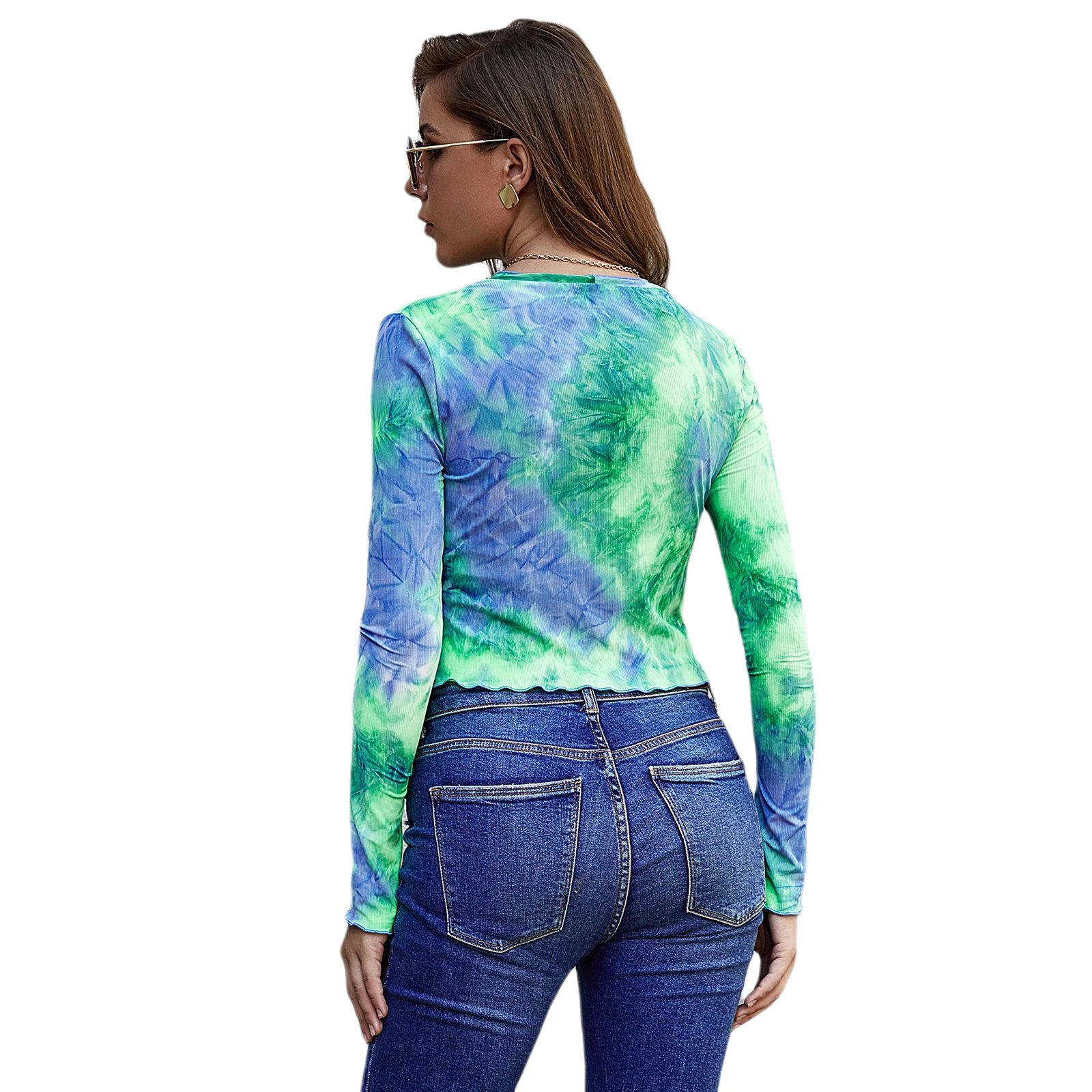 

Fashionable Women Tie Dye T-shirt, V-neck Long Sleeve Button Collar Crop Top for Summer and Late Spring
