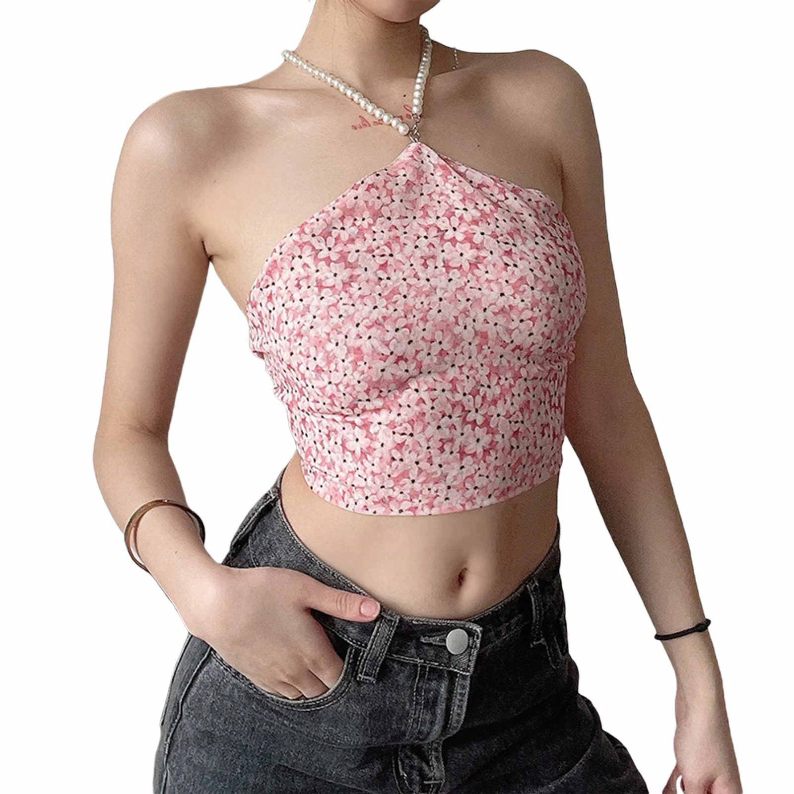 

Женские летние майки, жилет, укороченные топы без рукавов, милые розовые топы с цветочным принтом, женские рубашки с лямкой на шее и открытой...