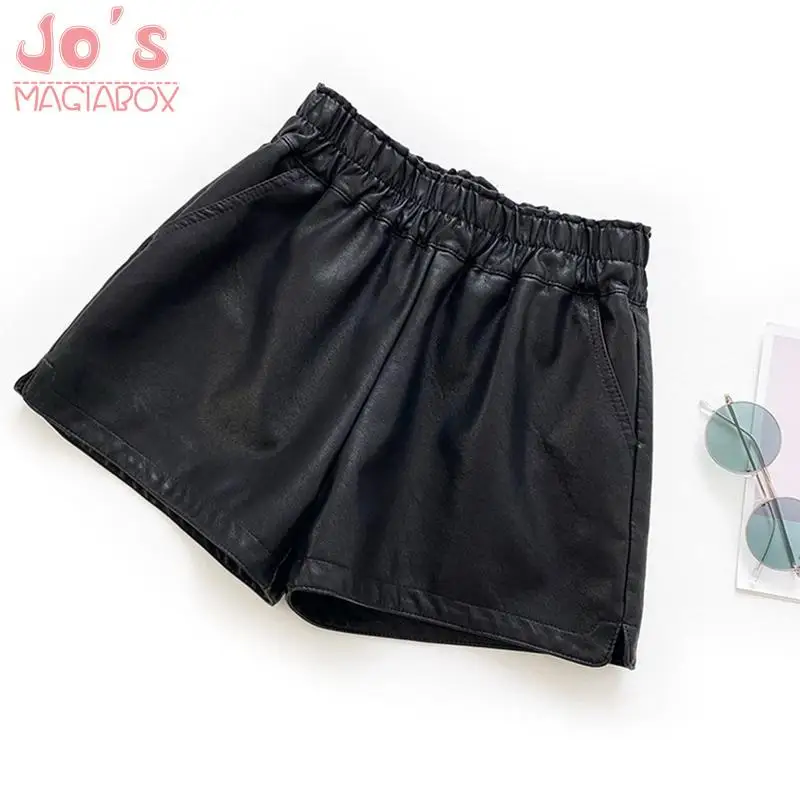 

Summer Korean Women Solid PU Leather Shorts Casual High Waist Elastic Waist Shorts Mujer Vintage Empire Sexy Mini Loose Shorts