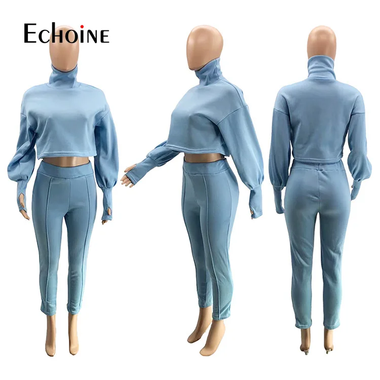 

Echoine Fall Winter Women solid thickened Two Piece Set High collar crop top jogger Sweatpant Sportswear office Matching Outfit