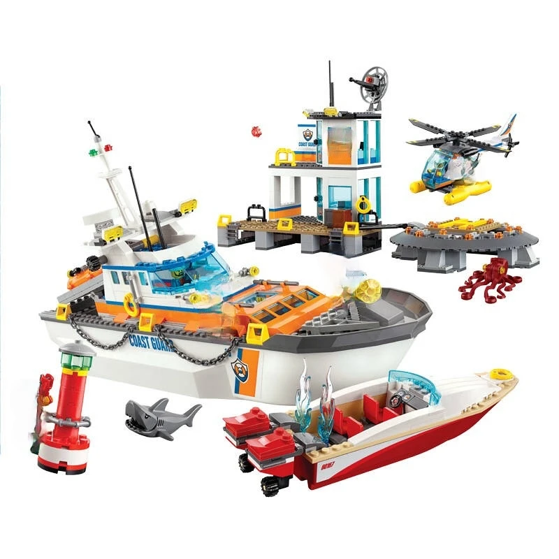 

855pcs City Coast Guard Head Quarters Ship Helicopter Boat 02081 Figure Building Blocks Children Toys Christmas birthday Gifts