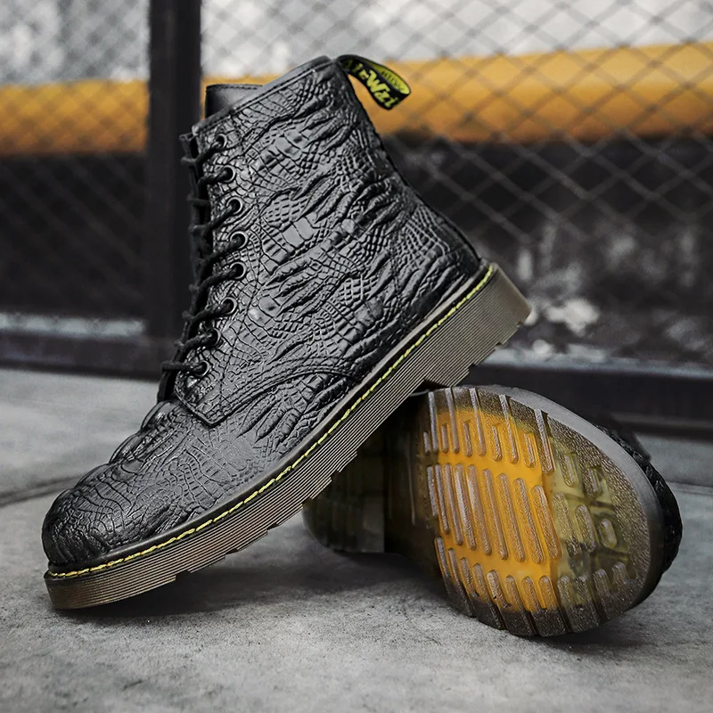 

Men's winter black flat-heel boots with crocodile pattern casual high-top leather shoes cowboy boots mens