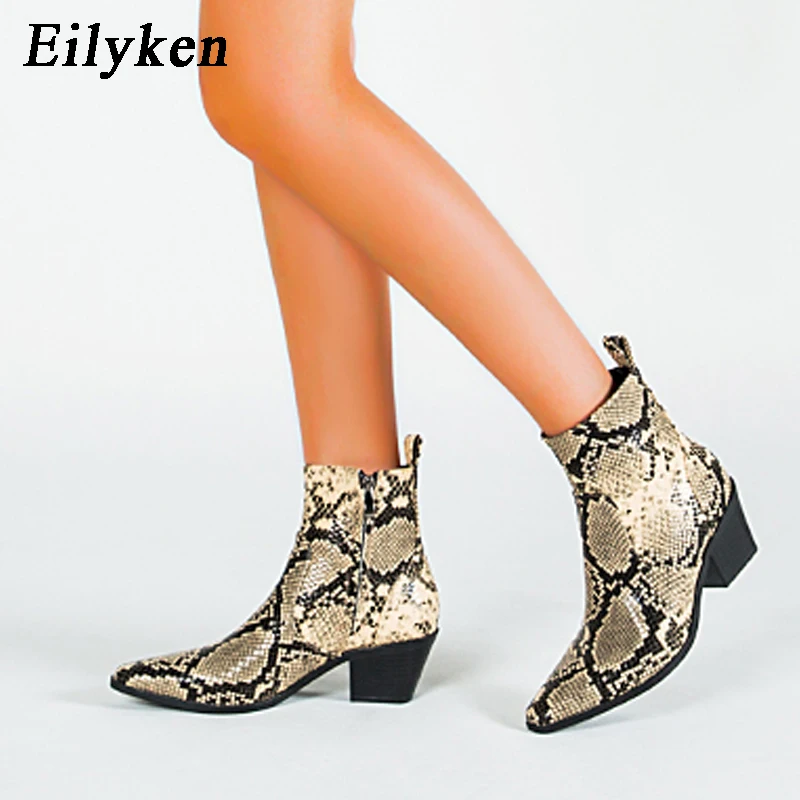 Eilyken г. Новые зимние женские сапоги с круглым носком и змеиным принтом модные сапоги для вечеринок сапоги для верховой езды, большие размеры 36-43