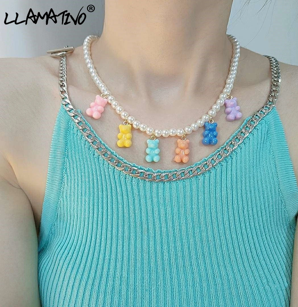 

2021 New Colorful Gummy Bear Pendant Pearl Beaded Necklace For Women Summer Candy Color Cute Bears Beadeds Necklaces Y2k Jewelry