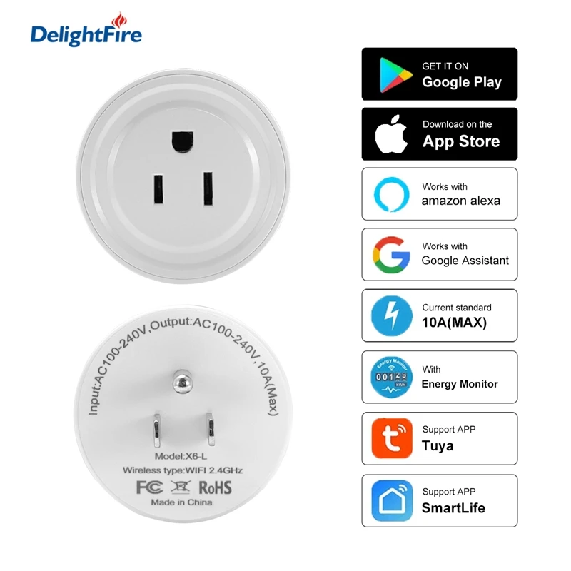 

US Plug Mini WiFi Smart Socket 10A Power Plug Outlet Surge Protector Remote Control Energy Monitor Tuya Works With Alexa/Google