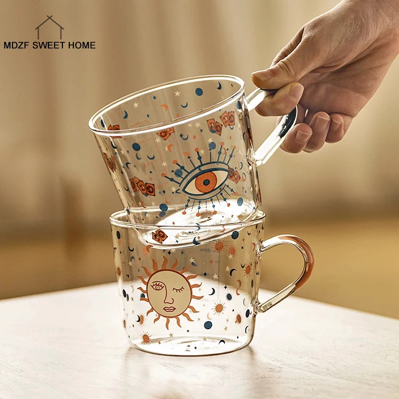 

500ml Creative Scale Glass Mug Breakfast Mlik Coffe Cup Household Couple Water Cup Sun Eye Pattern Drinkware