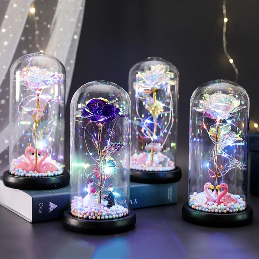 

Artificial Eternal Rose LED Light Beauty The Beast In Glass Cover Christmas Home Decor For Mother Valentines Day new Year Gift