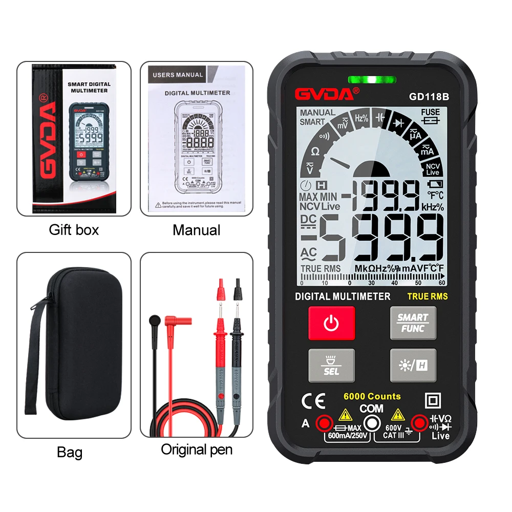 

GVDA NEW Generation 600V Digital Multimeter Ture RMS AC DC NCV Smart Multimetro Tester Ohm Capacitance Hz Voltage Meter