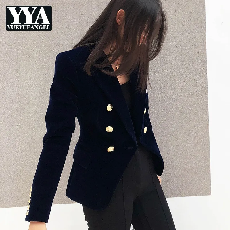 

Fashion Velour Blazer Women Spring Autumn Elegant Blue Short Suit Jackets Office Lady Double Breasted Slim Outerwear S-XL