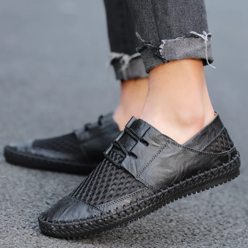 Мужские летние туфли на плоской подошве лоферы дышащая повседневная обувь для