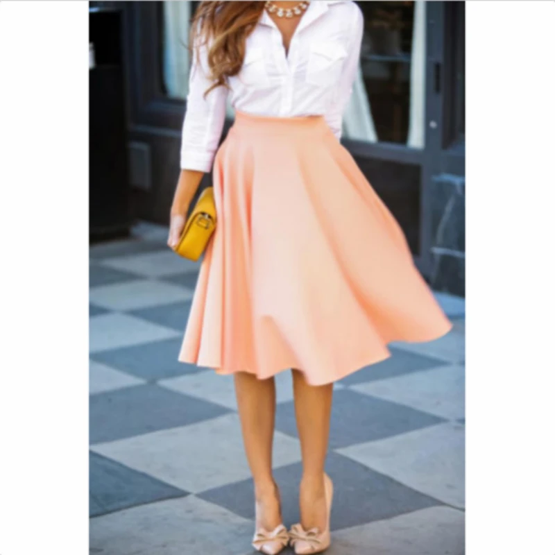 

2021 Summer Women Skirts Women Solid Knee-Length Big Swing Umbrella Skirt High Waist Vintage Ladies Midi Saia Skater Skirt