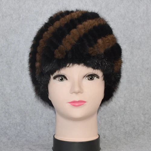 Cotton Lining Winter Lovely Real Mink Fur Hat Women Good Elastic Knitted Real Natural Mink Fur Beanies Caps Real Mink Fur Cap - Цвет: black and brown