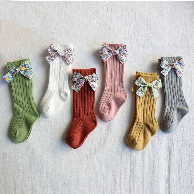 Toddlers Baby Girls Socks Floral Bows Knee High Long Sock Soft Cotton Stripe Children Socks Princess Style For 0-5 Years Kids
